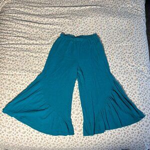 Time for Me Blue Boho Flowy Flare Leg Capri Pants 100% Cotton Large 24in Inseam
